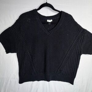 Sundance Sweater Large Black V-Neck Short Sleeve Chunky Knit Boxy Pullover